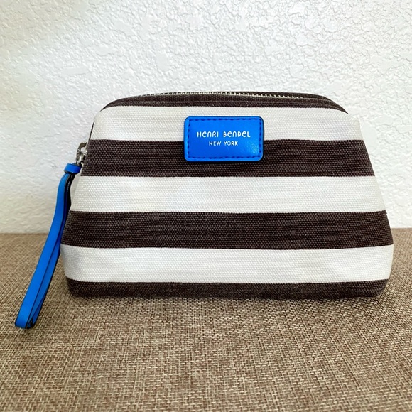 henri bendel Handbags - Henri Bendel Brown and White Striped Canvas Dopp Kit Makeup Bag